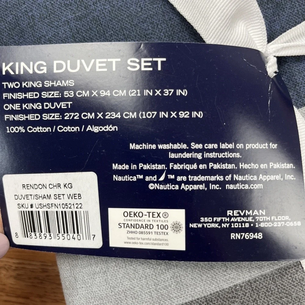 Nautica Home Rendon KING Size Duvet Cover‎ & Pillow Sham Set Grey/Navy NEW